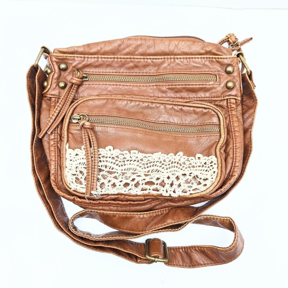 Vintage Brown Leather Purse Crossbody Bag Handbag W/Adjustable Strap 10" x 8"